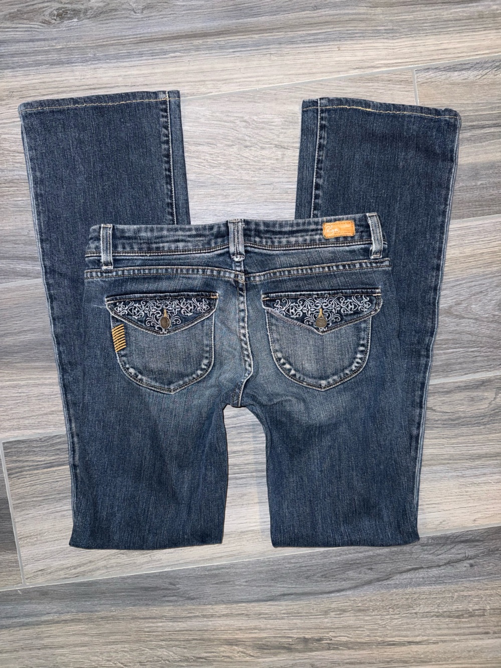 PAIGE Y2K Womens Dark Blue Embroidered Back Pocket Boot Cut Jeans